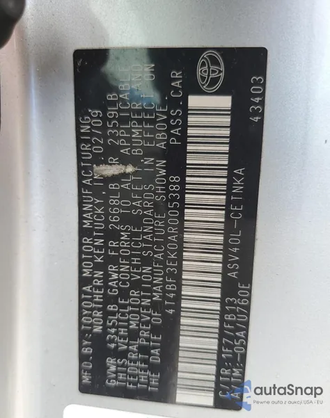 2010 Toyota Camry Base z USA, uszkodzony, nr VIN 4T4BF3EK0AR005388